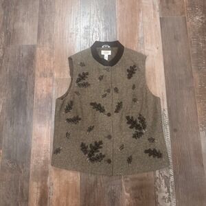Talbots Womens XL Wool Silk Blend Herringbone Vest Brown Oak Leaf Embroidered